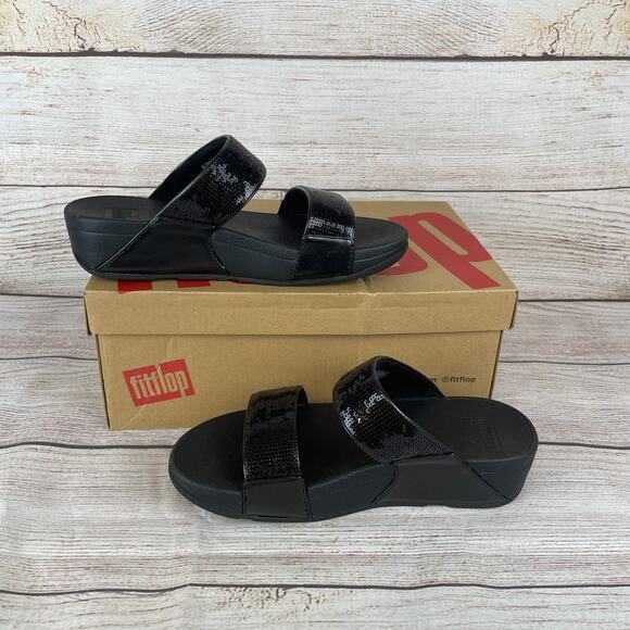 FitFlop Lulu Sequin Slides Womens Size 7 Sandals All Black - Picture 2 of 10